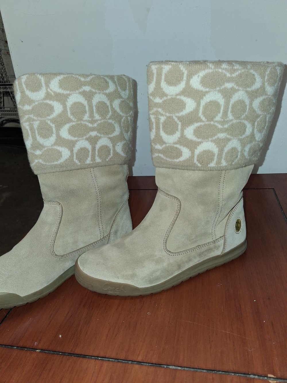 Coach Women's Beige Signature Knit Cuff Suede Boots